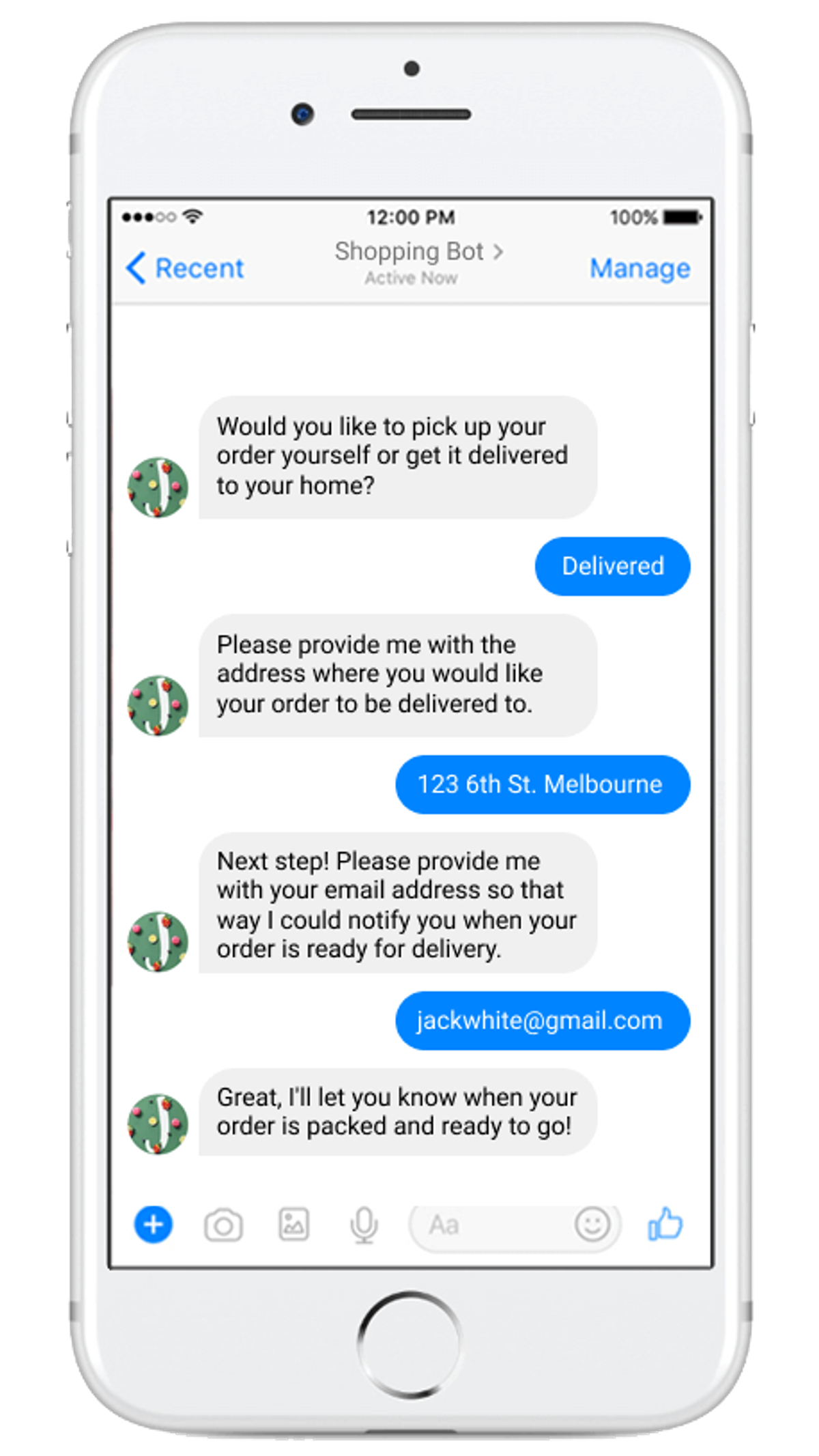 An iPhone showing a Facebook Messenger conversation with Shopping Bot: the bot asks whether to pick the order up or have it delivered and the customer taps Delivered, gives the address 123 6th St. Melbourne and the email jackwhite@gmail.com, and the bot replies “Great, I'll let you know when your order is packed and ready to go!”