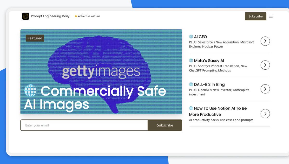 Screenshot of the Prompts Daily (Prompt Engineering Daily) site: a featured story headlined "Commercially Safe AI Images", an email field with a Subscribe button, and a sidebar of recent issues - AI CEO, Meta's Sassy AI, DALL-E 3 In Bing, How To Use Notion AI To Be More Productive.