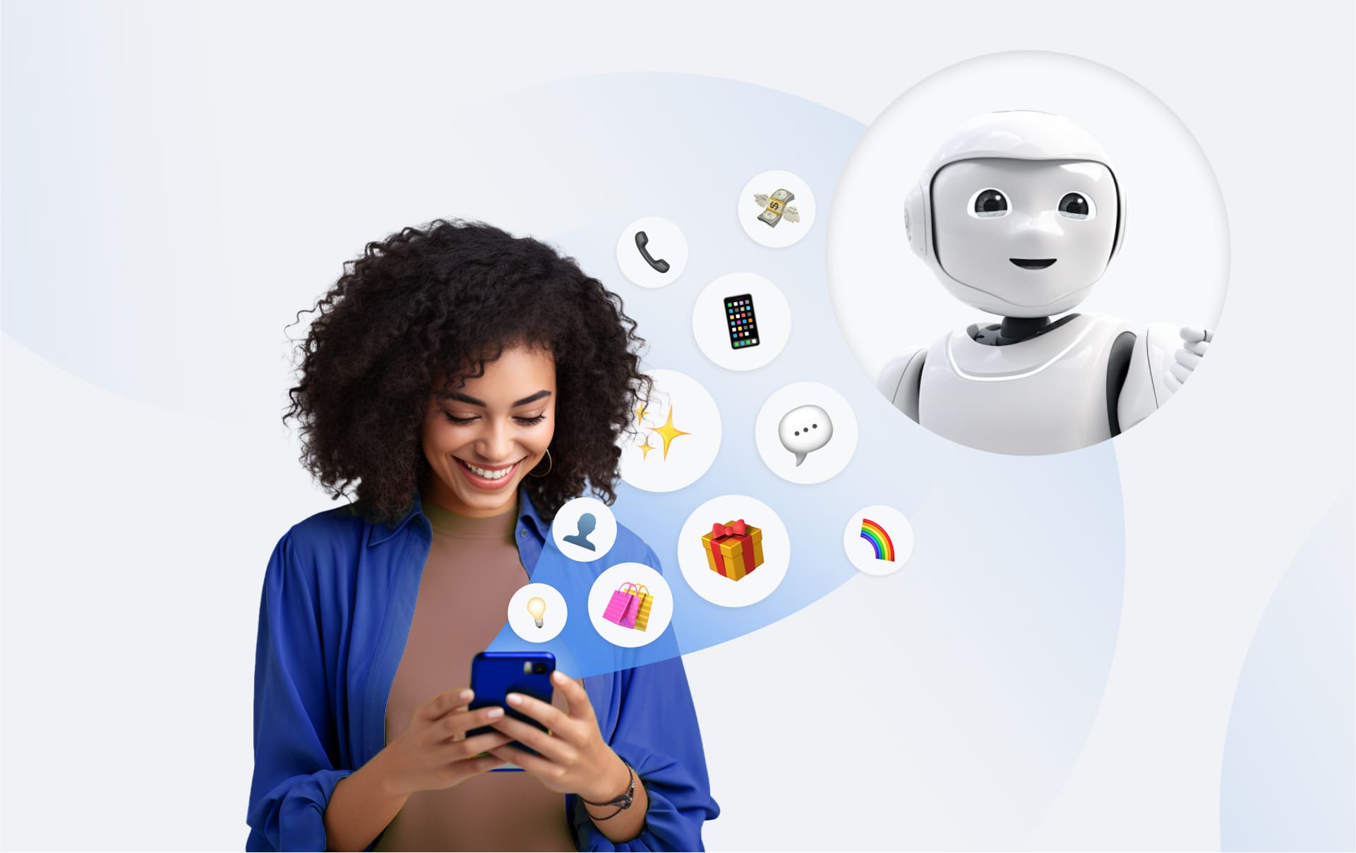 A smiling woman in a blue shirt looking at her phone, with a fan of app icons β a call, a phone, a message bubble, a gift, shopping bags, banknotes, a lightbulb and a rainbow β rising from the screen toward a white humanoid robot in a circle at the right