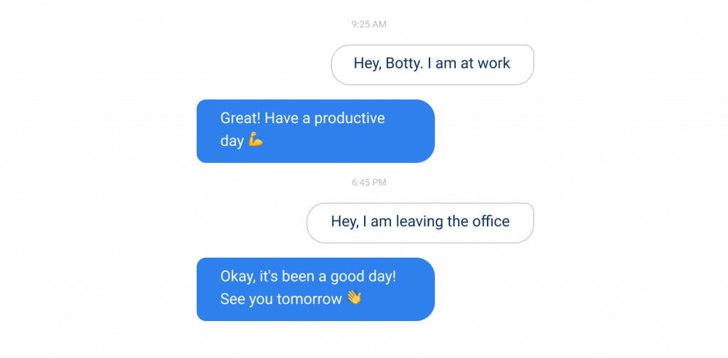 Chat transcript: an employee messages the bot to clock in at 9:25 AM and to clock out at 6:45 PM, and the bot wishes them a productive day and says goodbye