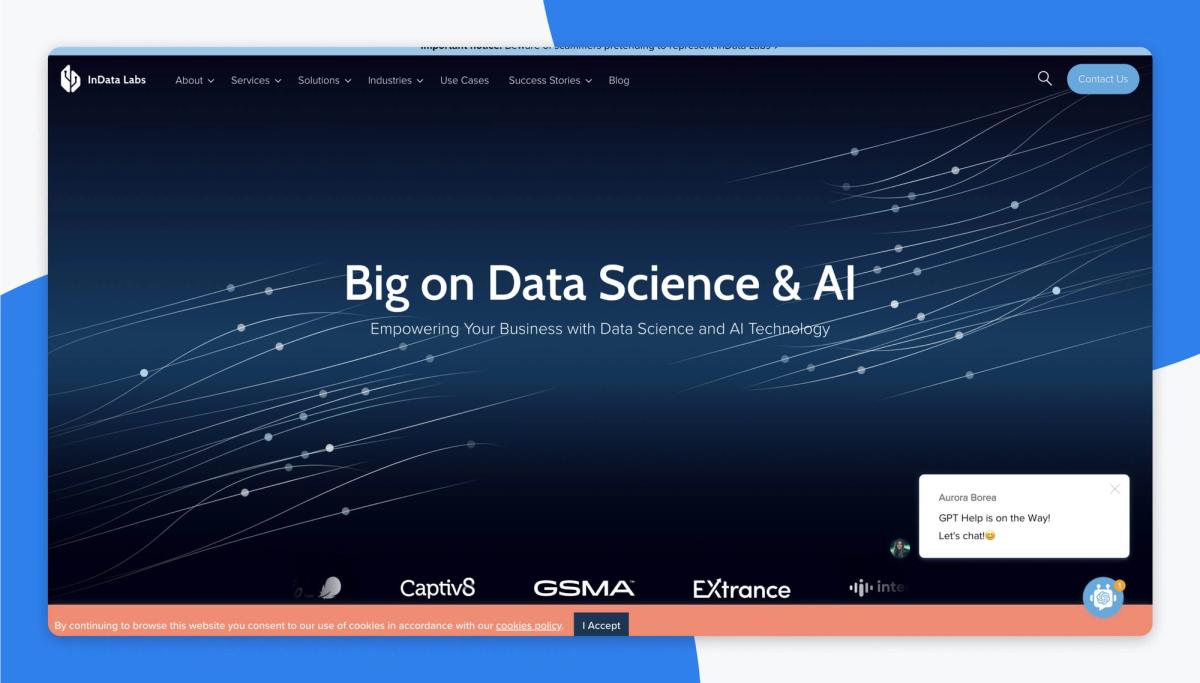 The InData Labs home page in a browser window, headlined 'Big on Data Science & AI' over a dark constellation graphic, with the Captiv8, GSMA and EXtrance client logos beneath