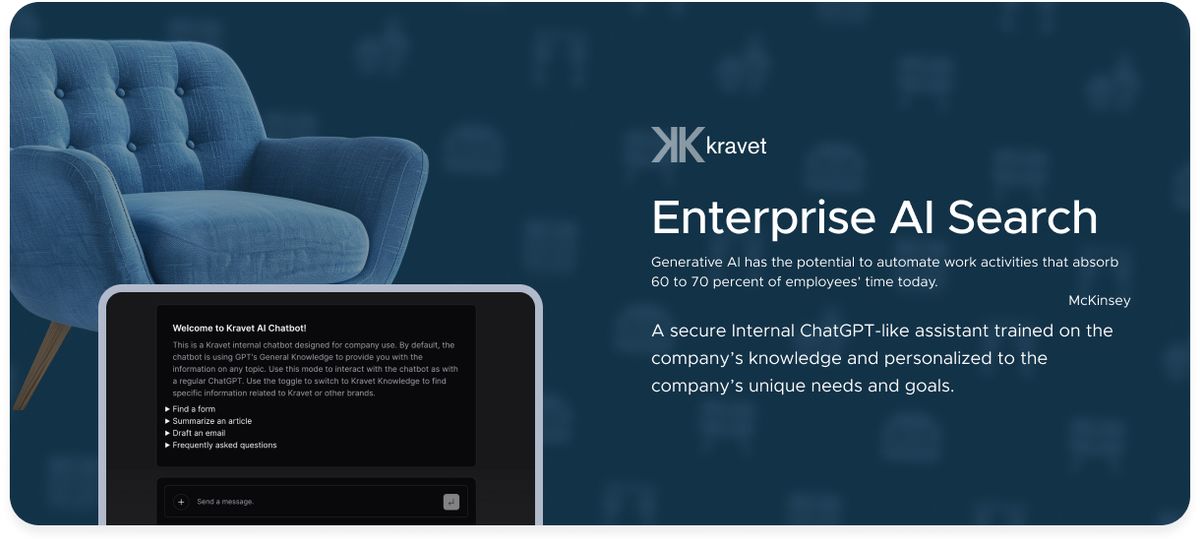 Dark product card for Kravet Enterprise AI Search, quoting McKinsey that generative AI has the potential to automate work activities that absorb 60 to 70 percent of employees’ time today, and describing a secure internal ChatGPT-like assistant trained on the company’s knowledge, beside a screenshot of the Kravet AI Chatbot welcome screen.