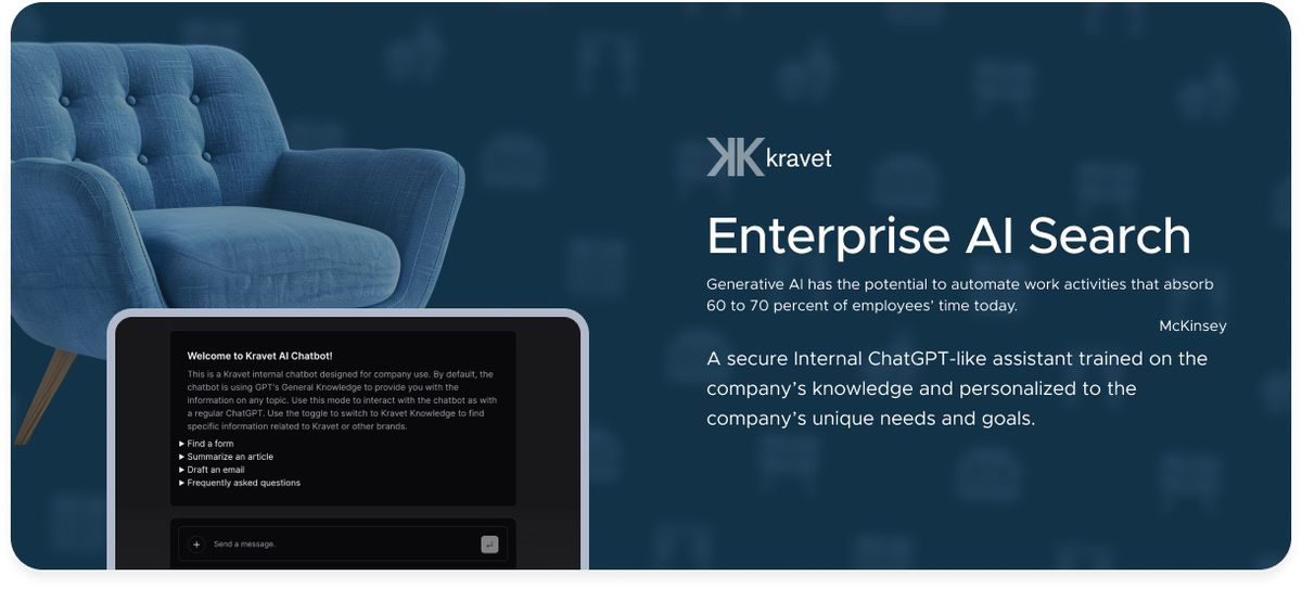 Dark product card for Kravet Enterprise AI Search, quoting McKinsey that generative AI has the potential to automate work activities that absorb 60 to 70 percent of employees’ time today, and describing a secure internal ChatGPT-like assistant trained on the company’s knowledge, beside a screenshot of the Kravet AI Chatbot welcome screen.