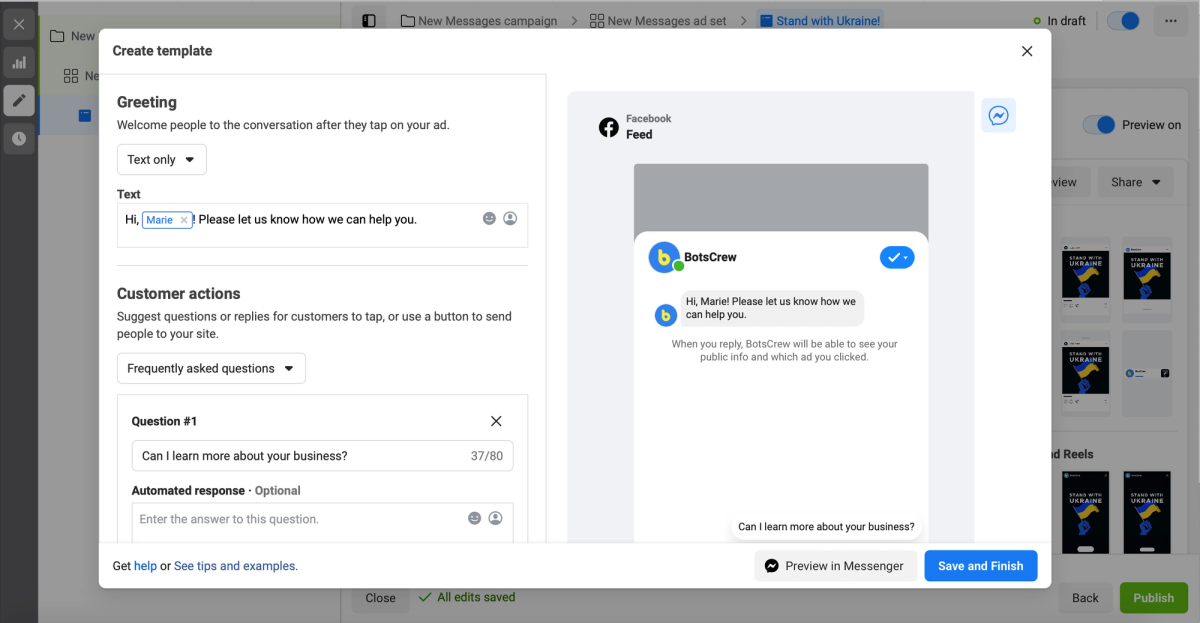 The “Create template” dialog: a text-only greeting reading “Hi, Marie! Please let us know how we can help you.”, a frequently-asked-questions customer action, and a Messenger preview of the result