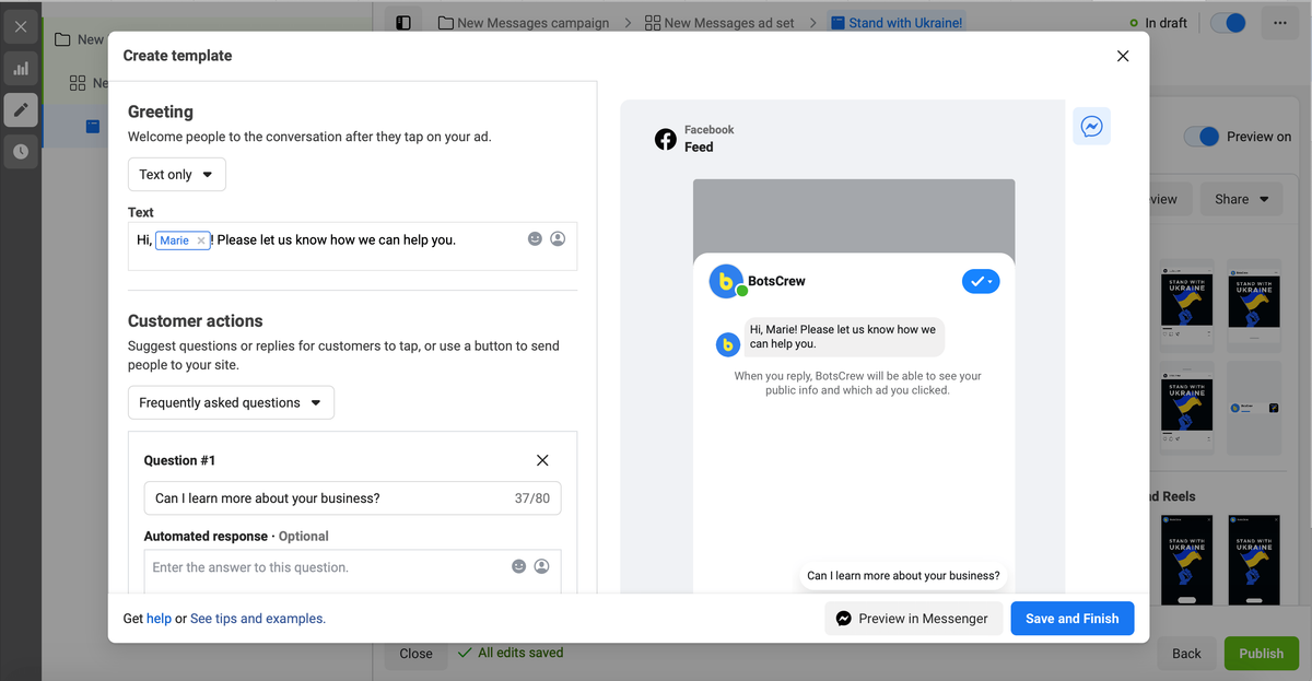 The “Create template” dialog: a text-only greeting reading “Hi, Marie! Please let us know how we can help you.”, a frequently-asked-questions customer action, and a Messenger preview of the result