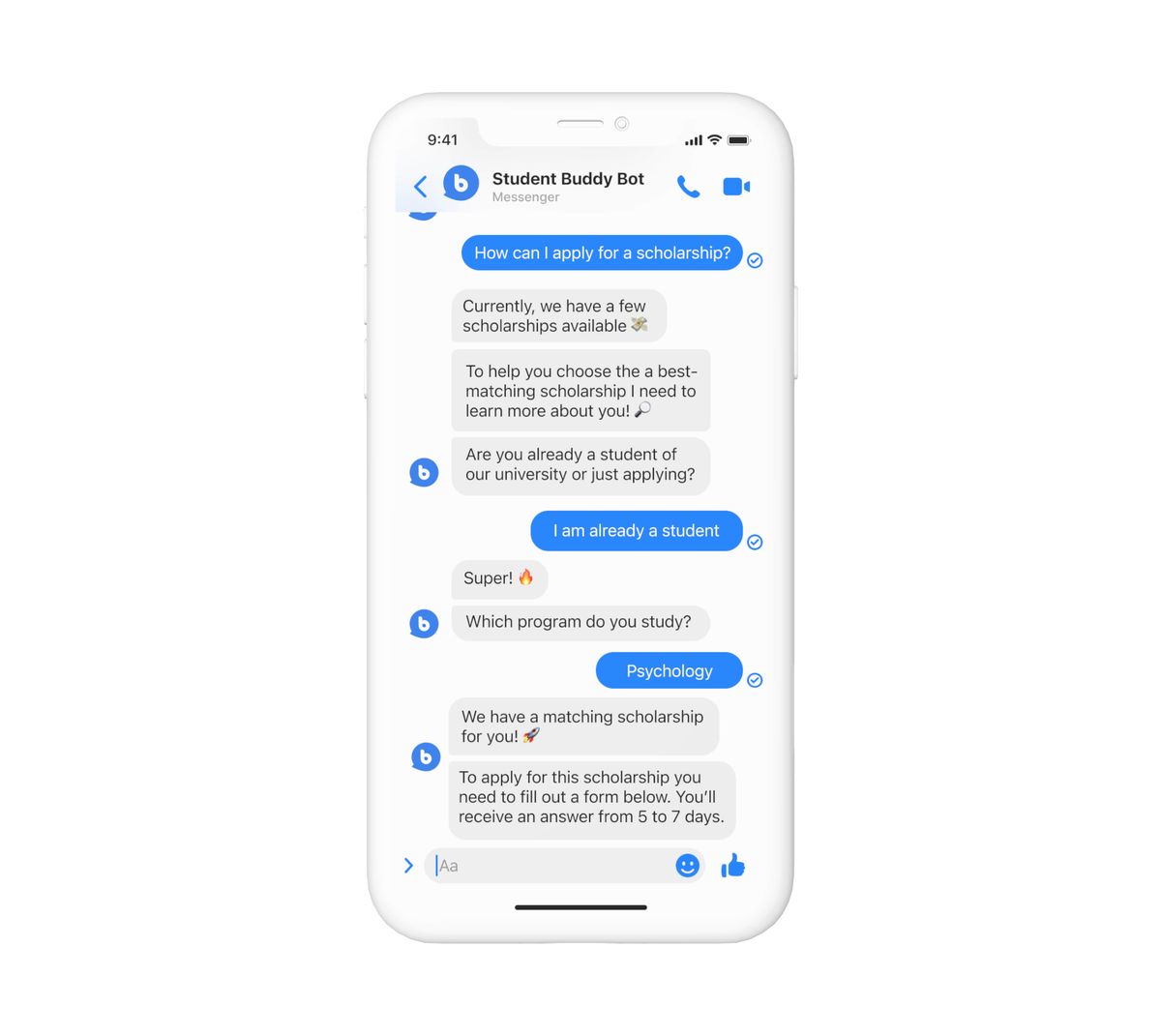 Messenger conversation with the Student Buddy Bot about scholarships: it asks whether the user is already a student and which program they study, then matches a scholarship and explains the form and the 5-to-7-day answer