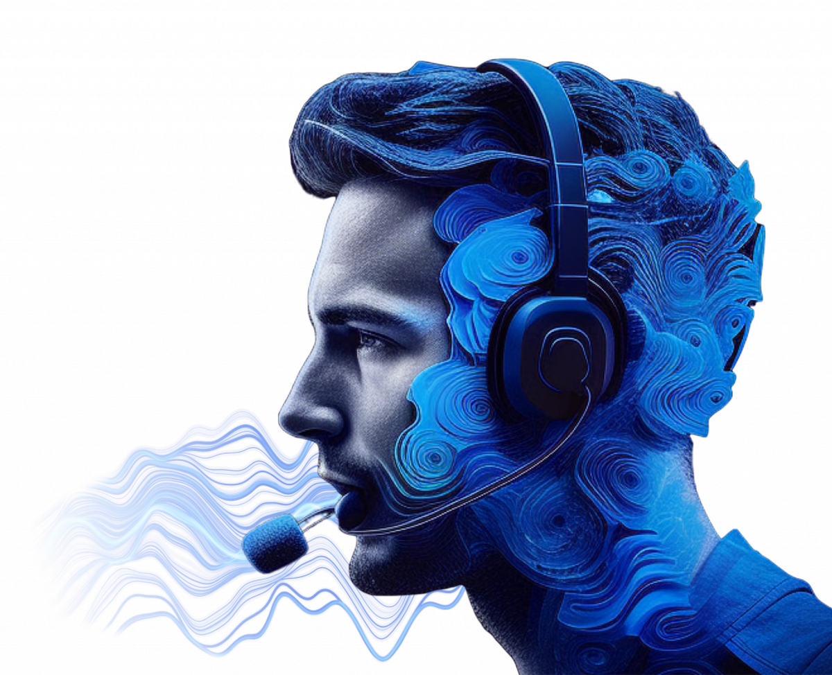 Profile of a man wearing a headset, rendered in blue contour lines, with sound waves streaming from the microphone