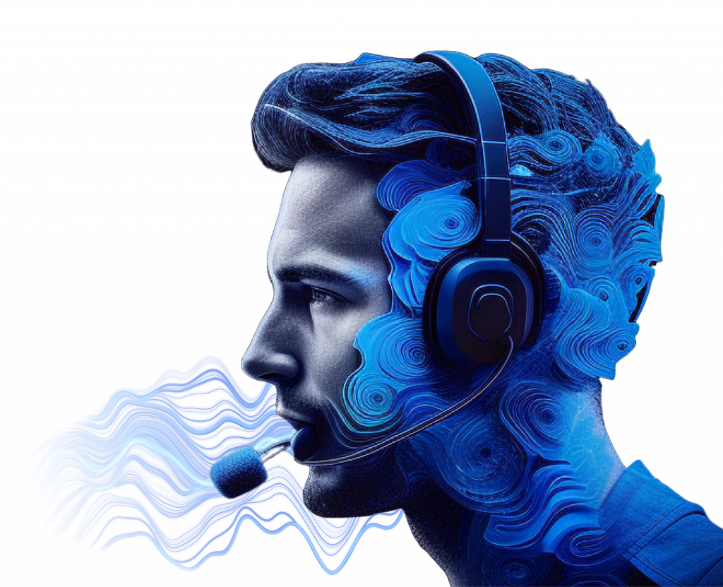 Profile of a man wearing a headset, rendered in blue contour lines, with sound waves streaming from the microphone