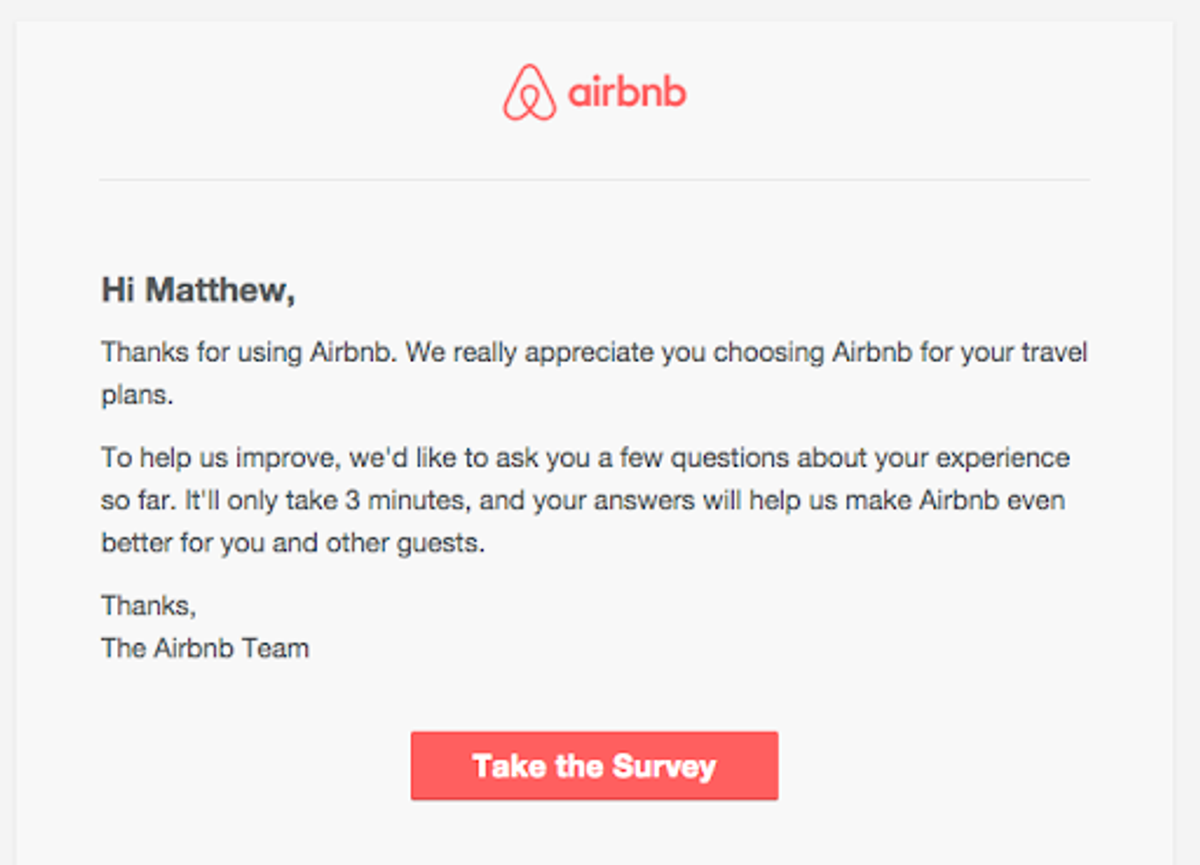 Airbnb survey email: “Hi Matthew,” thanking the guest for choosing Airbnb, explaining the questions will take three minutes, and ending on a red “Take the Survey” button
