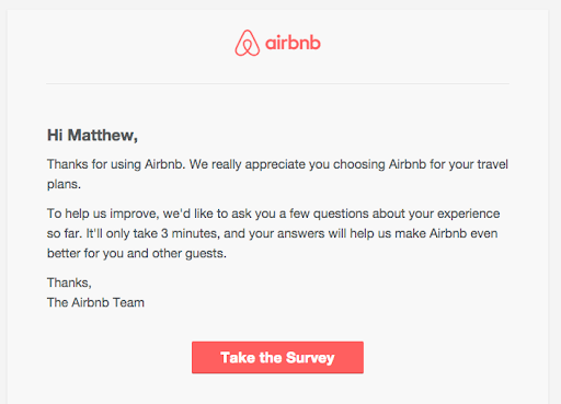 Airbnb survey email: “Hi Matthew,” thanking the guest for choosing Airbnb, explaining the questions will take three minutes, and ending on a red “Take the Survey” button