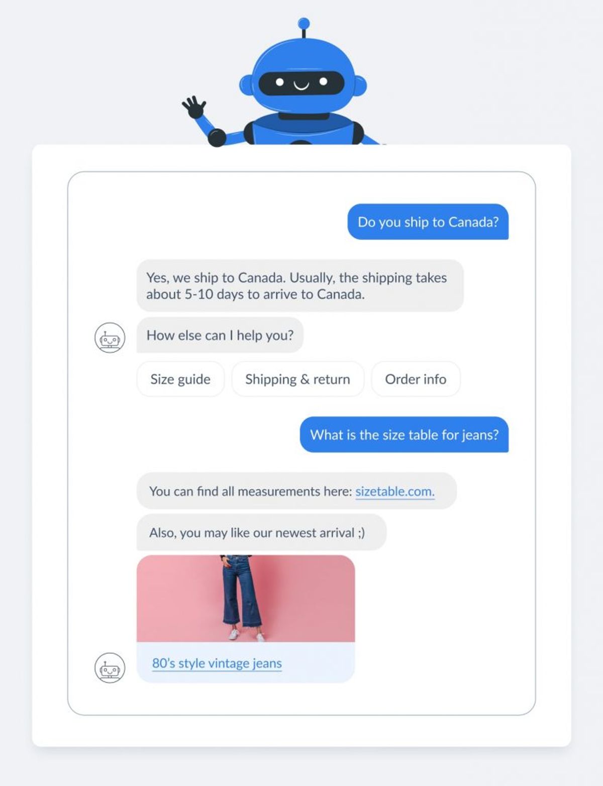 A messaging-app chatbot conversation, the bot answering a customer's question in a chat window