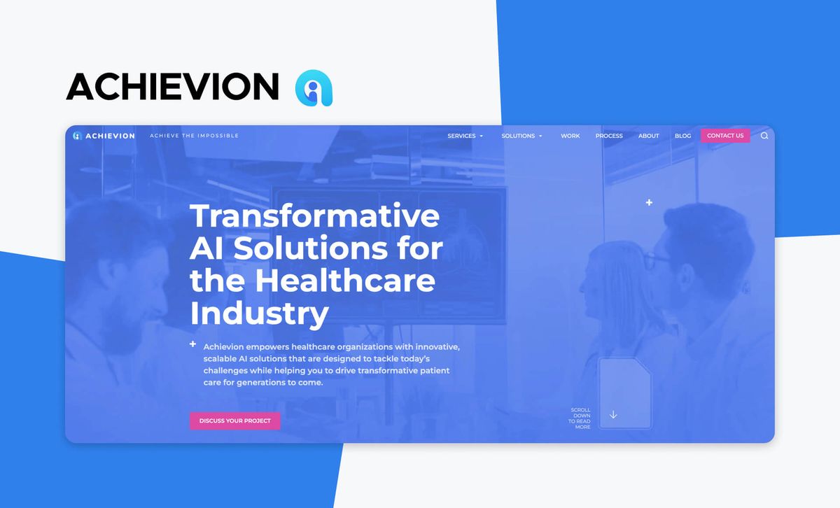 The Achievion logo above a screenshot of the Achievion site, headlined 'Transformative AI Solutions for the Healthcare Industry'