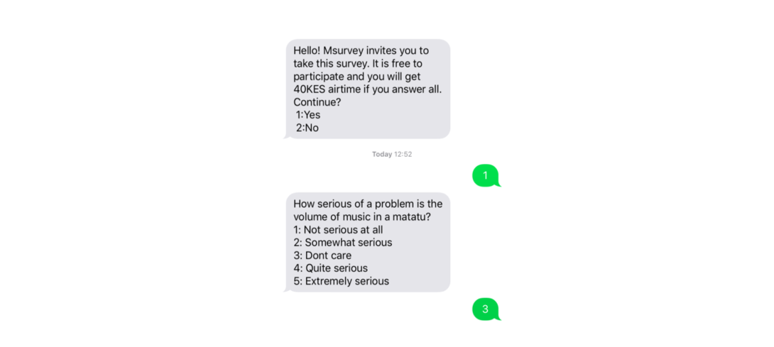 A numbered survey over SMS: “Hello! Msurvey invites you to take this survey. It is free to participate and you will get 40KES airtime if you answer all. Continue? 1:Yes 2:No”. The respondent replies “1”, then is asked “How serious of a problem is the volume of music in a matatu?” with five numbered options and replies “3”