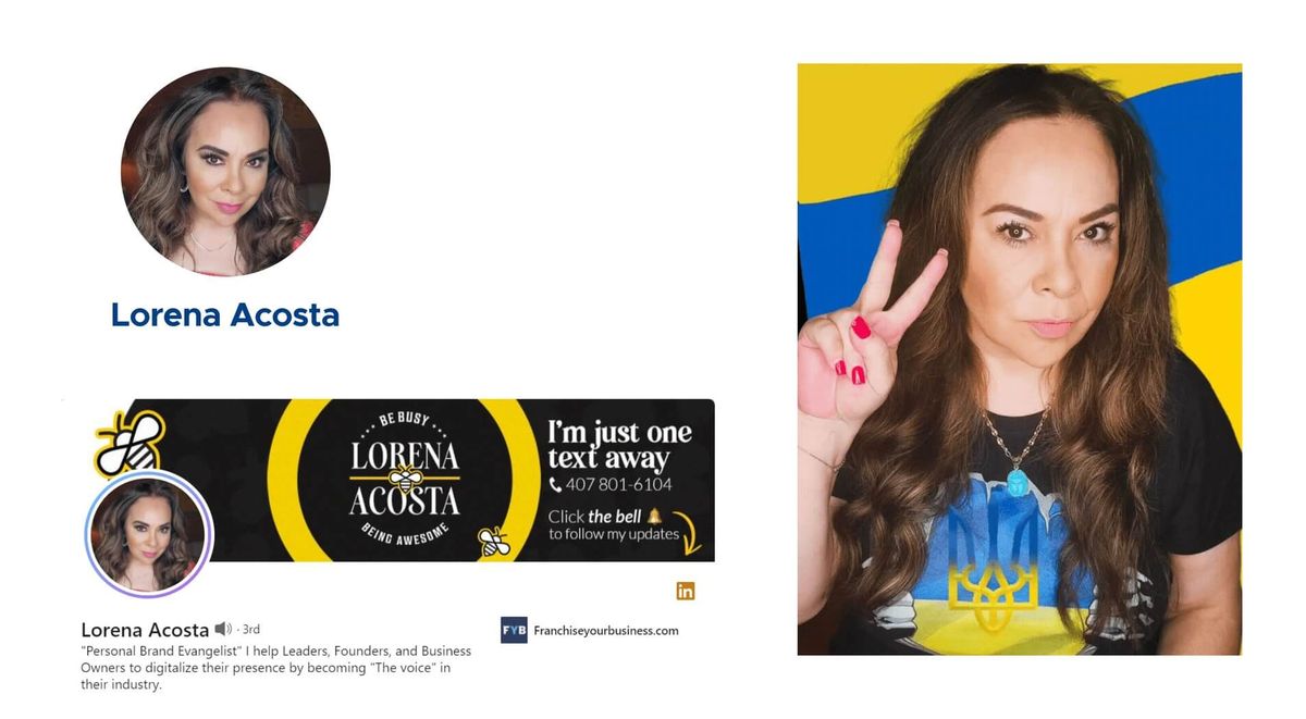 Lorena Acosta beside her LinkedIn profile banner and a photo of her in front of the Ukrainian flag