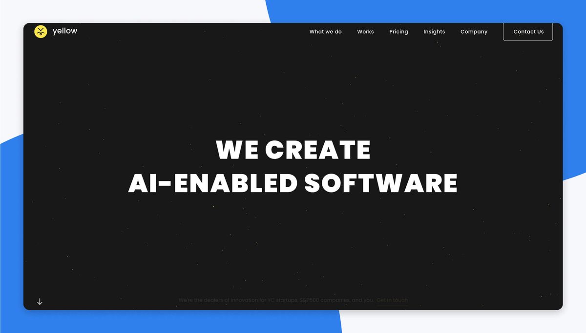 The Yellow home page in a browser window, a black hero headlined 'We create AI-enabled software'