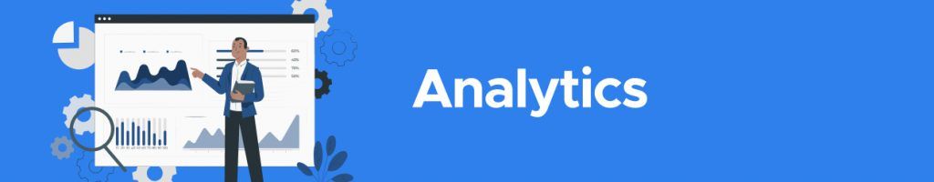 Illustration of a person presenting charts and graphs on a screen, labeled 'Analytics'