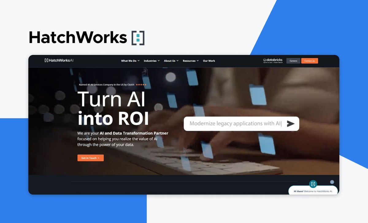 The HatchWorks logo above a screenshot of the HatchWorks AI homepage, headlined 'Turn AI into ROI' with the line 'We are your AI and Data Transformation Partner'
