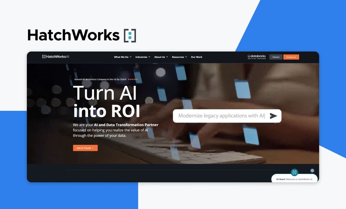 The HatchWorks logo above a screenshot of the HatchWorks AI homepage, headlined 'Turn AI into ROI' with the line 'We are your AI and Data Transformation Partner'