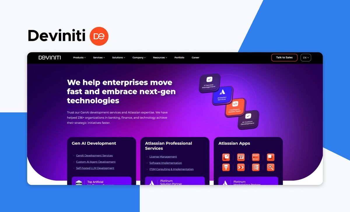 The Deviniti logo above a screenshot of the Deviniti homepage, headlined 'We help enterprises move fast and embrace next-gen technologies', with panels for Gen AI Development, Atlassian Professional Services and Atlassian Apps
