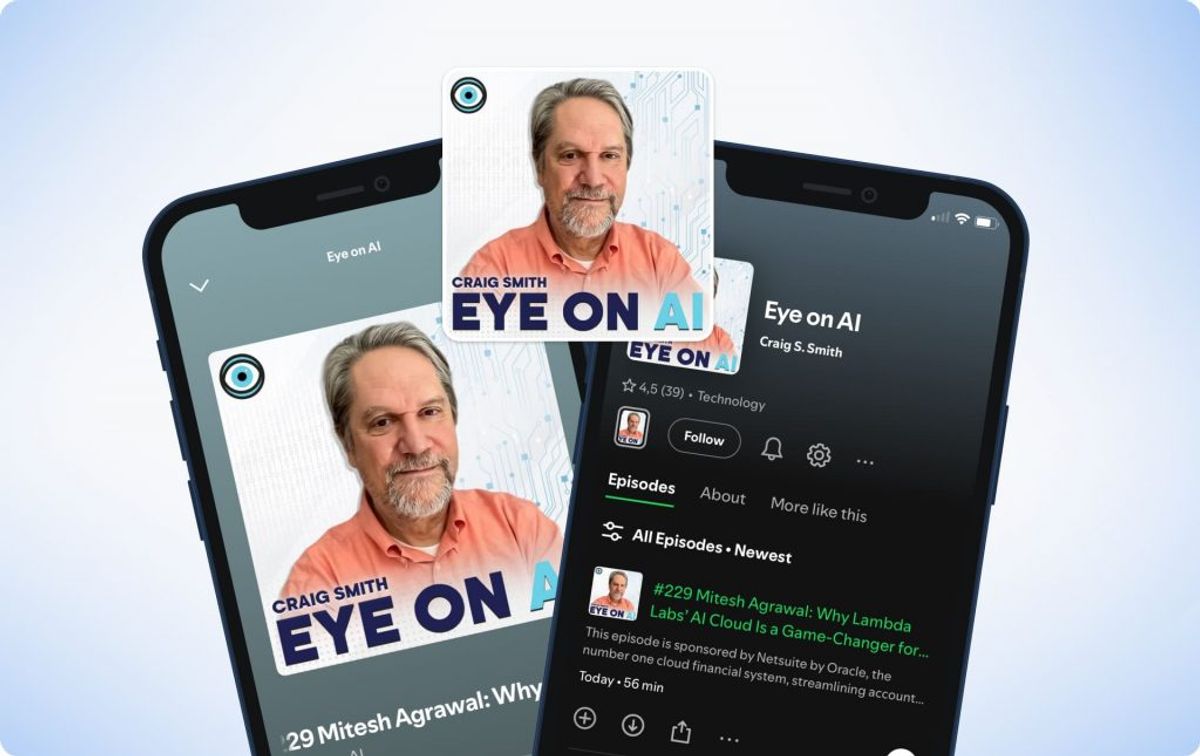 Eye on AI cover art beside the show open in a podcast app on two phones