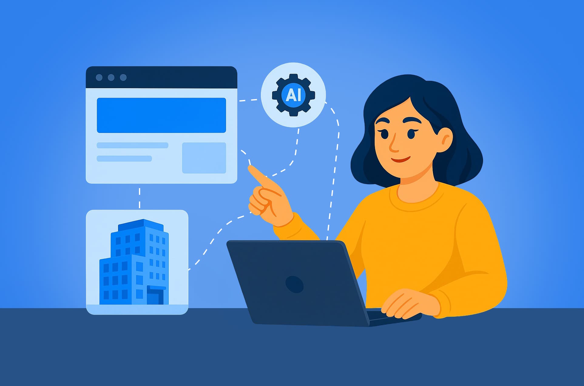 Illustration of a person integrating an AI agent with enterprise systems — a website, a company building, and an AI gear icon connected to a laptop