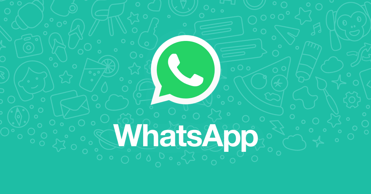 The WhatsApp wordmark and its white speech-bubble phone logo centred on a teal wall of outlined doodle icons