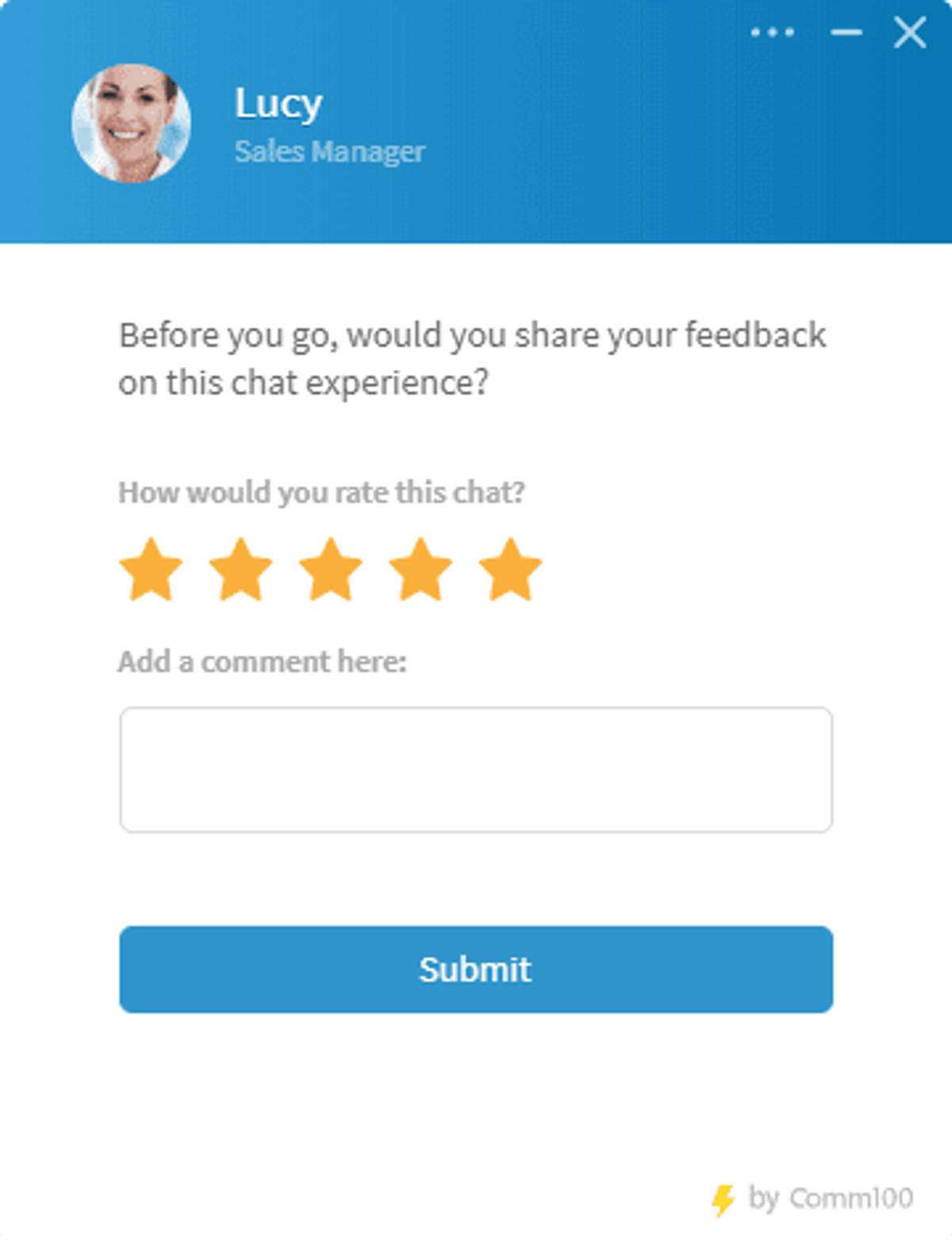 Live chat window from “Lucy, Sales Manager” asking “Before you go, would you share your feedback on this chat experience?” with a five-star rating row, a comment box and a Submit button