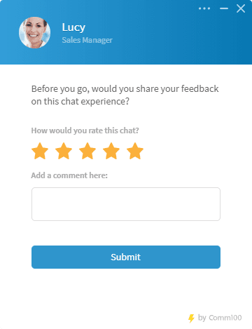 Live chat window from “Lucy, Sales Manager” asking “Before you go, would you share your feedback on this chat experience?” with a five-star rating row, a comment box and a Submit button