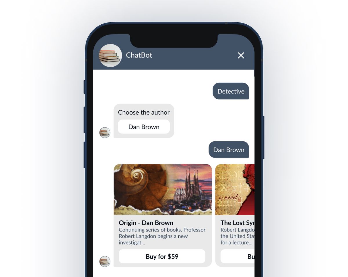 Phone mockup of a bookstore chatbot: after the visitor picks Detective and then Dan Brown, the bot returns a carousel of book cards - Origin and The Lost Symbol - each with a description and a “Buy for $59” button