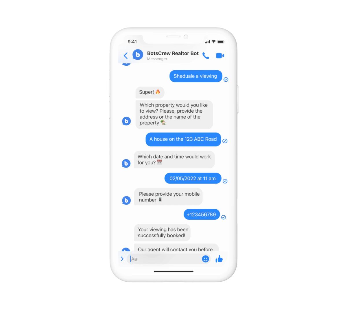 Messenger conversation with the BotsCrew Realtor Bot booking a viewing: the property address, a date and time of 02/05/2022 at 11 am, a mobile number, and confirmation that the viewing is booked and an agent will be in touch