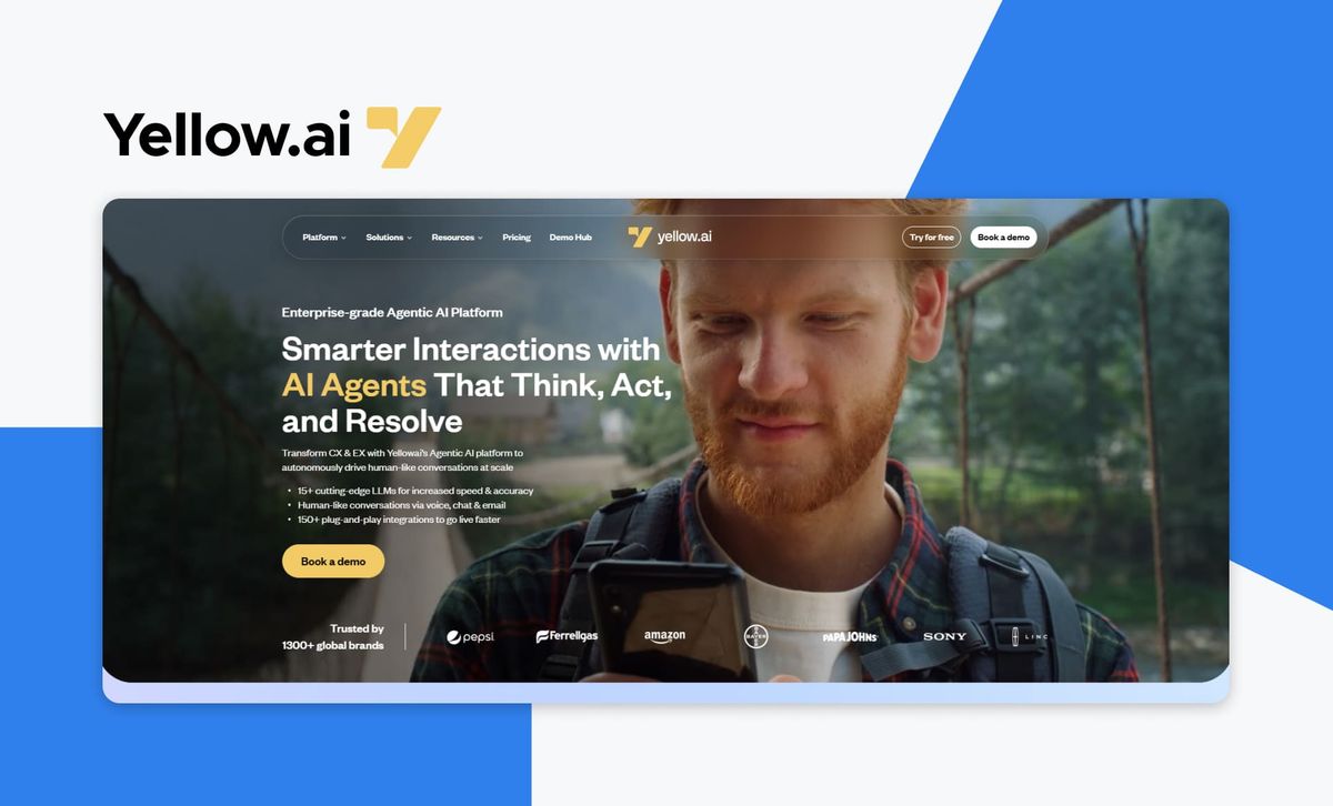 The Yellow.ai logo above a screenshot of the Yellow.ai homepage, labelled 'Enterprise-grade Agentic AI Platform' and headlined 'Smarter Interactions with AI Agents That Think, Act, and Resolve', with a trusted-by row of brand logos