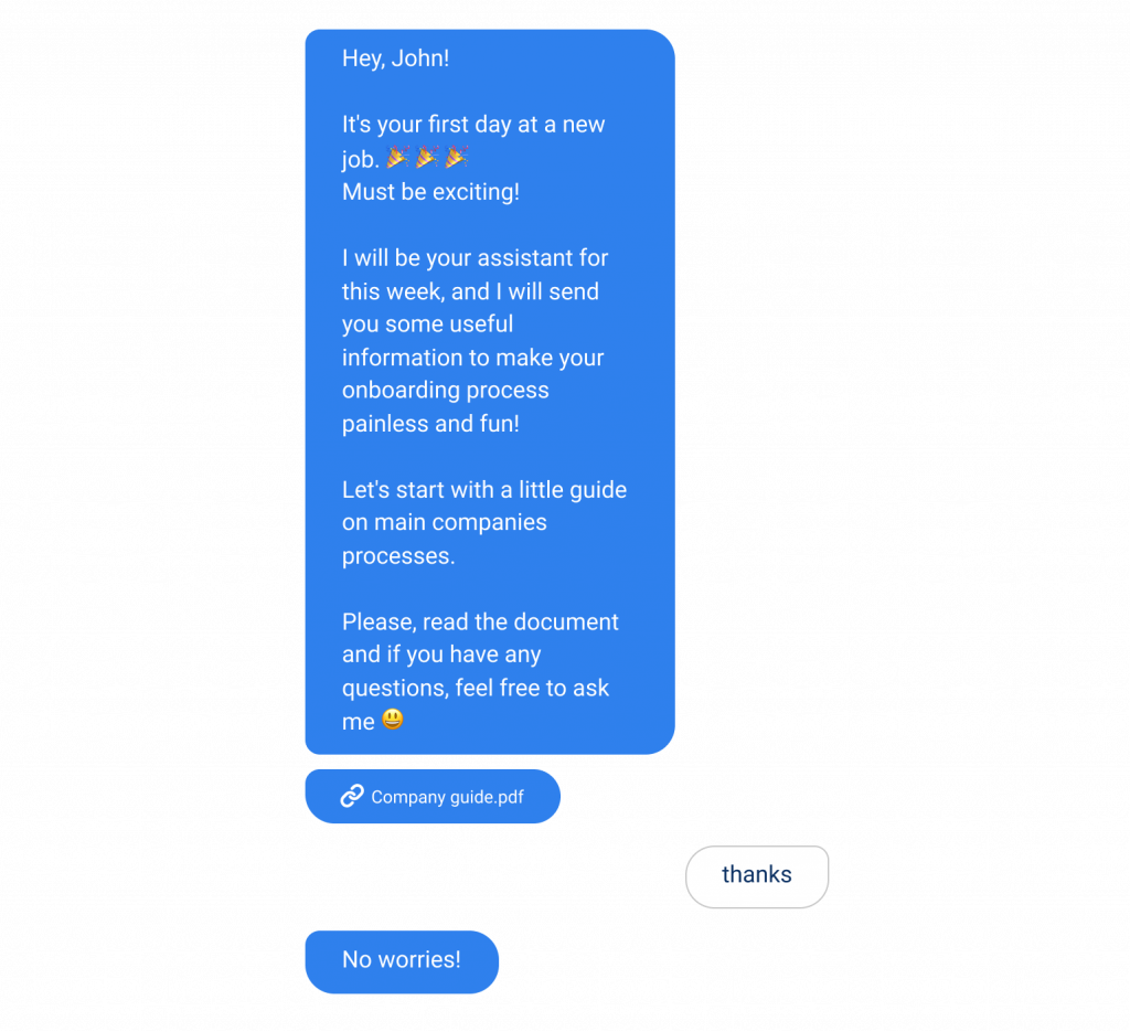 Chat transcript: an onboarding bot welcomes John on his first day, offers to be his assistant for the week, shares a company guide PDF and invites questions