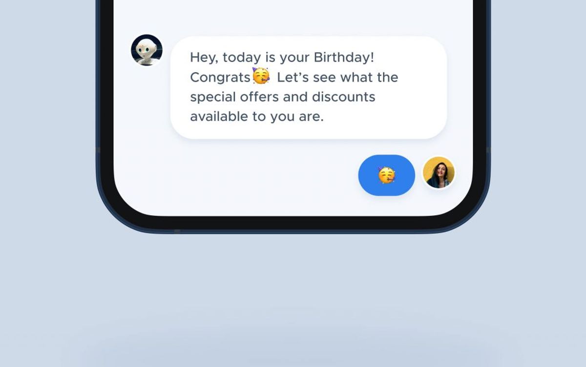 A phone showing a broadcast message from a chatbot: “Hey, today is your Birthday! Congrats. Let’s see what the special offers and discounts available to you are.”