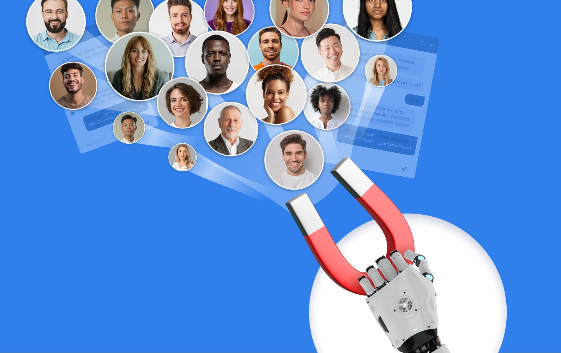 A robotic hand holds a horseshoe magnet that pulls a crowd of portrait avatars out of a chat window asking for the visitor's contact details