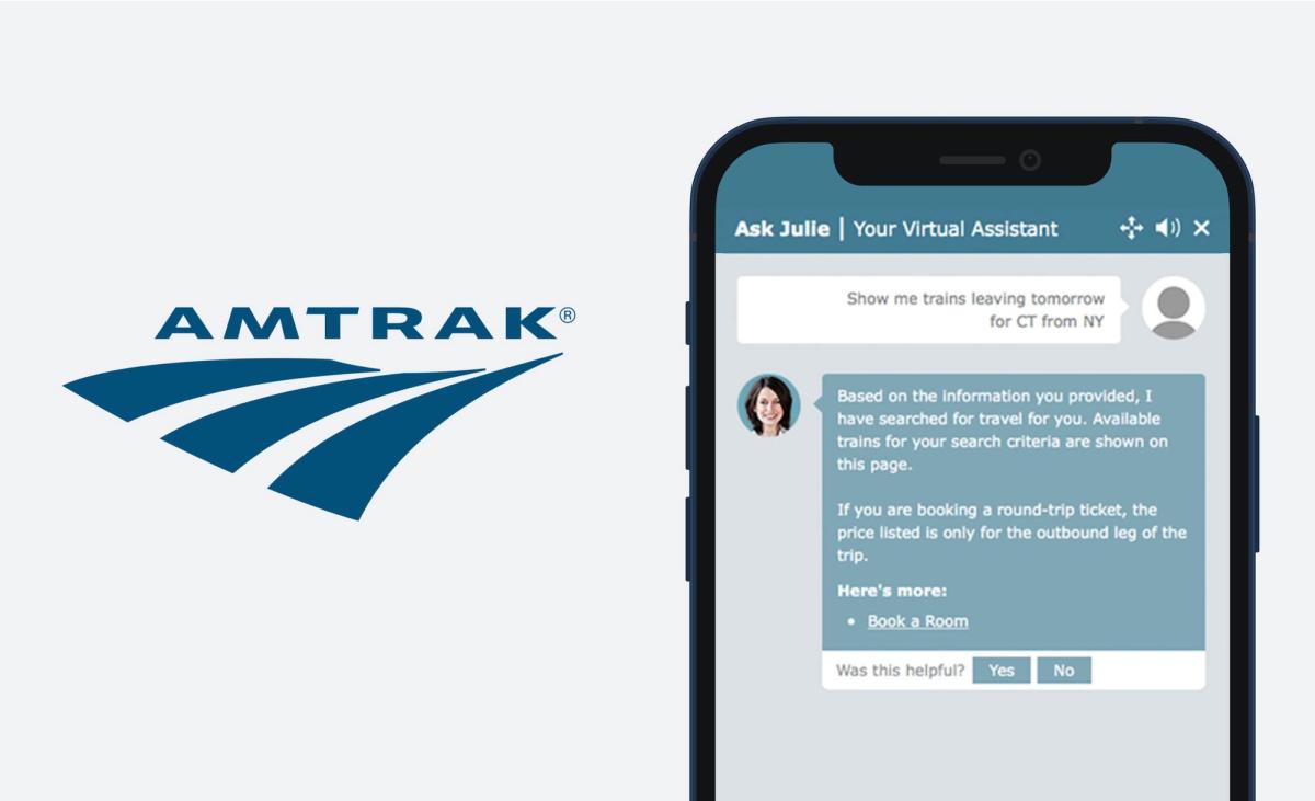 The Amtrak logo beside a phone mockup of Ask Julie, its virtual assistant, returning train results for a next-day CT-from-NY search with a note that round-trip prices cover the outbound leg only, a 'Book a Room' link and a 'Was this helpful?' prompt