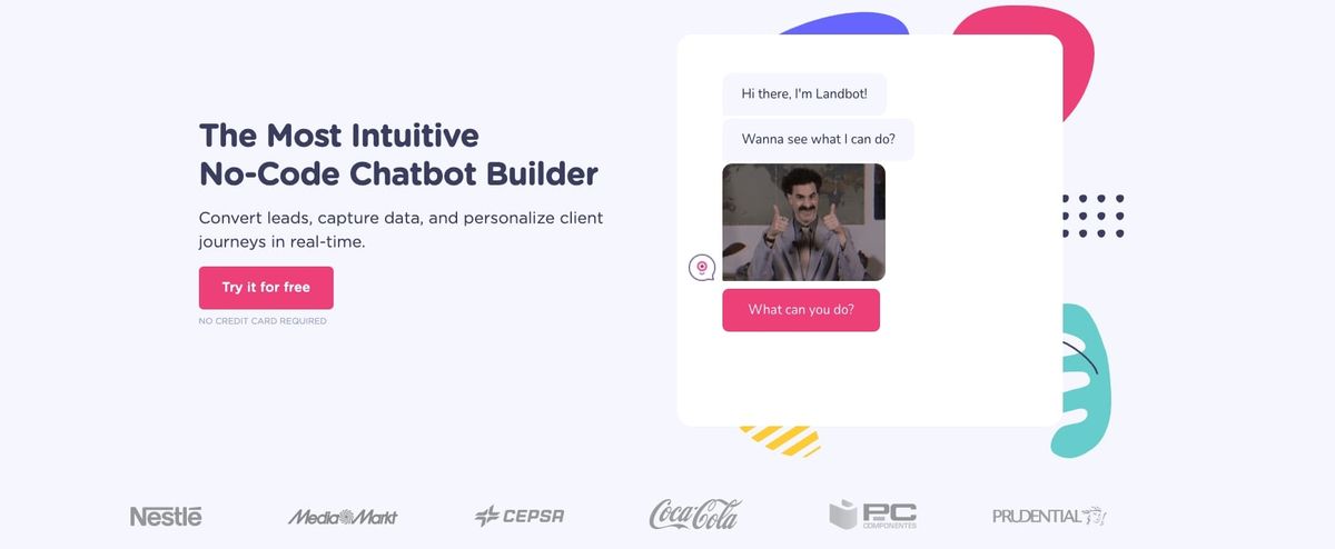 The Landbot homepage: “The Most Intuitive No-Code Chatbot Builder” beside a chat mockup, over a row of Nestlé, MediaMarkt, Cepsa and Coca-Cola logos.