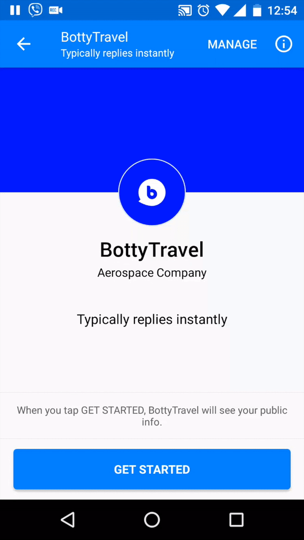 Screen recording of a Facebook Messenger chat with a travel chatbot called BottyTravel, which asks “Where do you want to fly from?” and receives the reply “NYC”