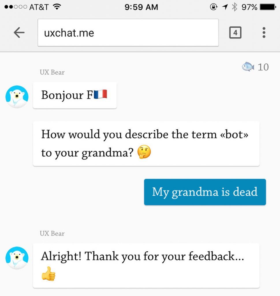 Phone screenshot of uxchat.me: the UX Bear asks “How would you describe the term «bot» to your grandma?”, the user replies “My grandma is dead”, and the bot answers “Alright! Thank you for your feedback…”
