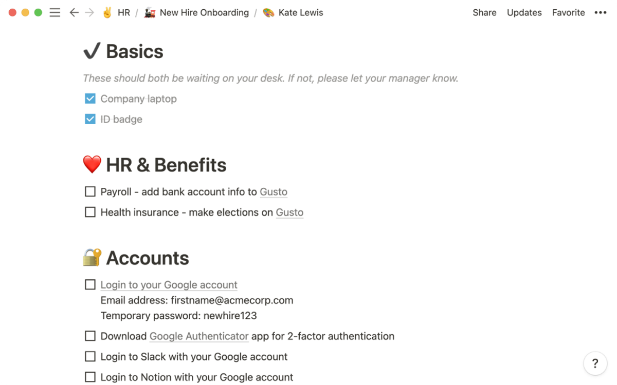 A Notion new-hire onboarding page with Basics, HR & Benefits and Accounts checklists covering the company laptop and ID badge, payroll and health insurance in Gusto, and Google, Slack and Notion logins