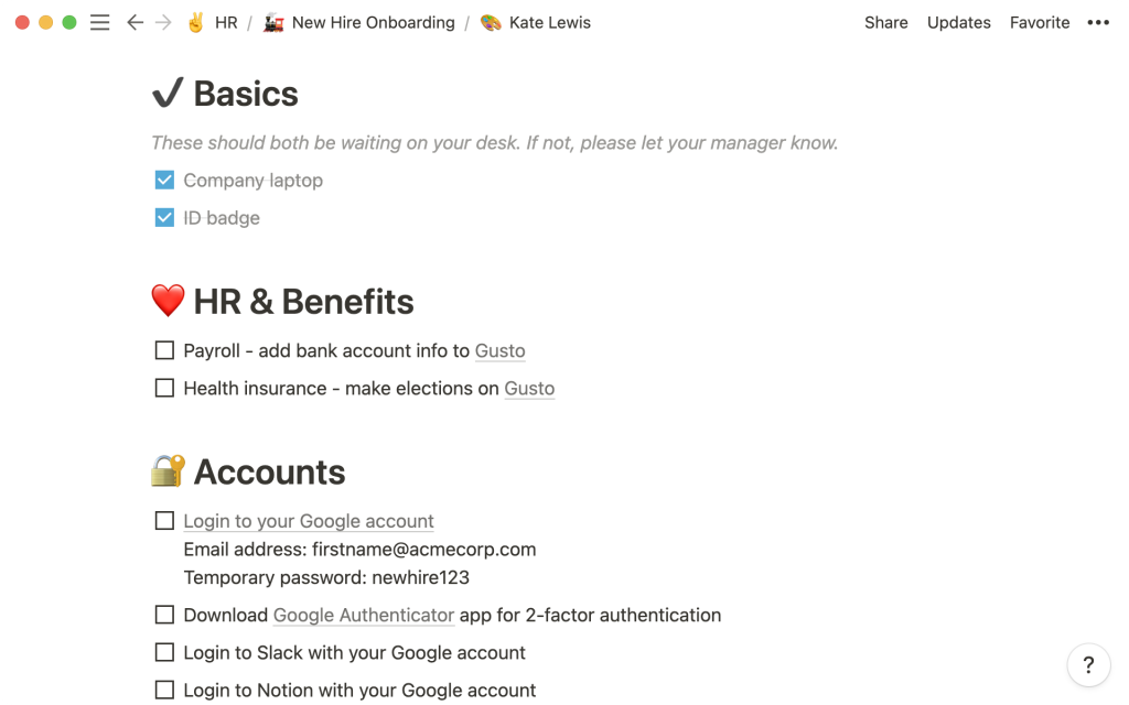 A Notion new-hire onboarding page with Basics, HR & Benefits and Accounts checklists covering the company laptop and ID badge, payroll and health insurance in Gusto, and Google, Slack and Notion logins