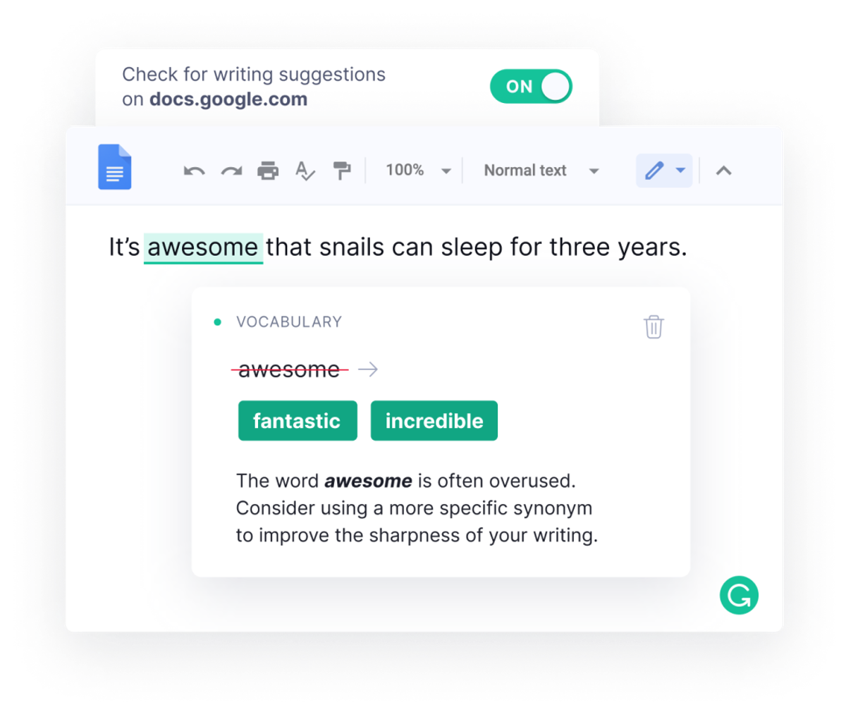 Grammarly's browser extension working inside a Google Doc: a toggle reading "Check for writing suggestions on docs.google.com" is switched on, the sentence "It's awesome that snails can sleep for three years." has "awesome" underlined, and a VOCABULARY card suggests "fantastic" or "incredible" with the note that the word is often overused.