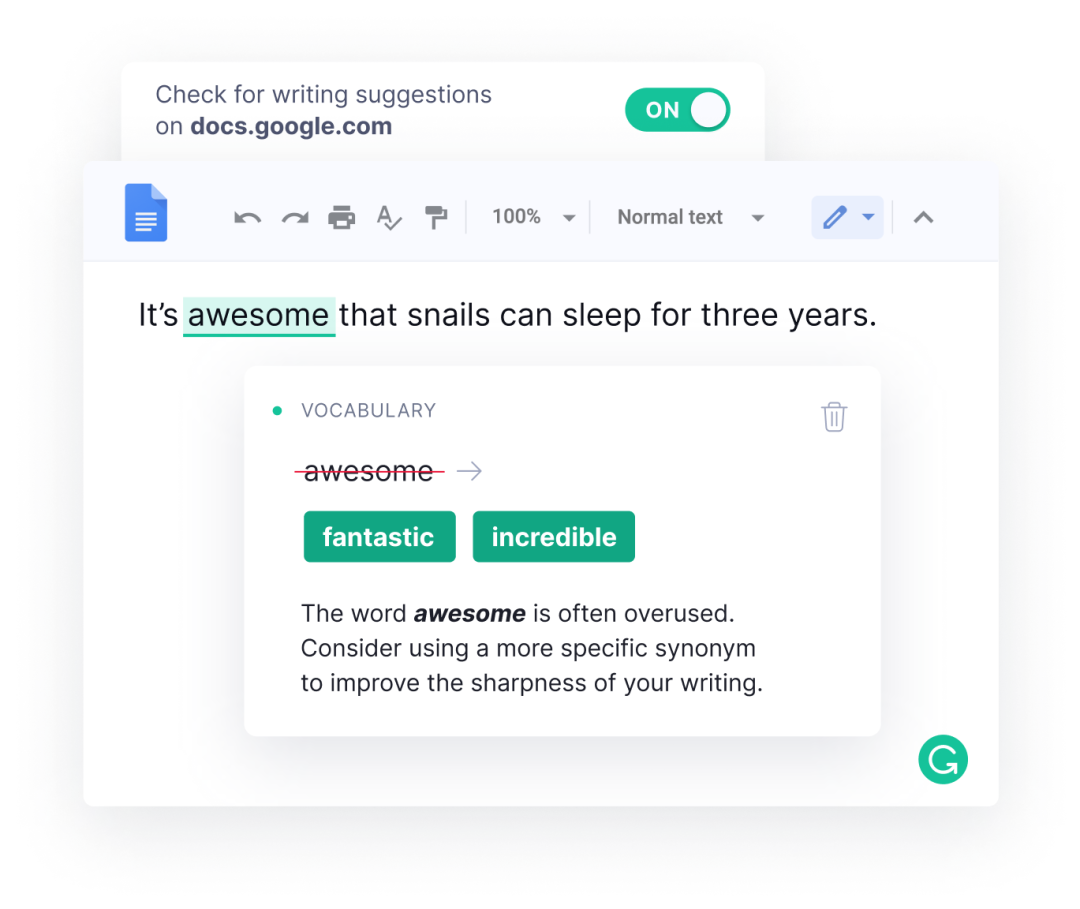 Grammarly's browser extension working inside a Google Doc: a toggle reading "Check for writing suggestions on docs.google.com" is switched on, the sentence "It's awesome that snails can sleep for three years." has "awesome" underlined, and a VOCABULARY card suggests "fantastic" or "incredible" with the note that the word is often overused.