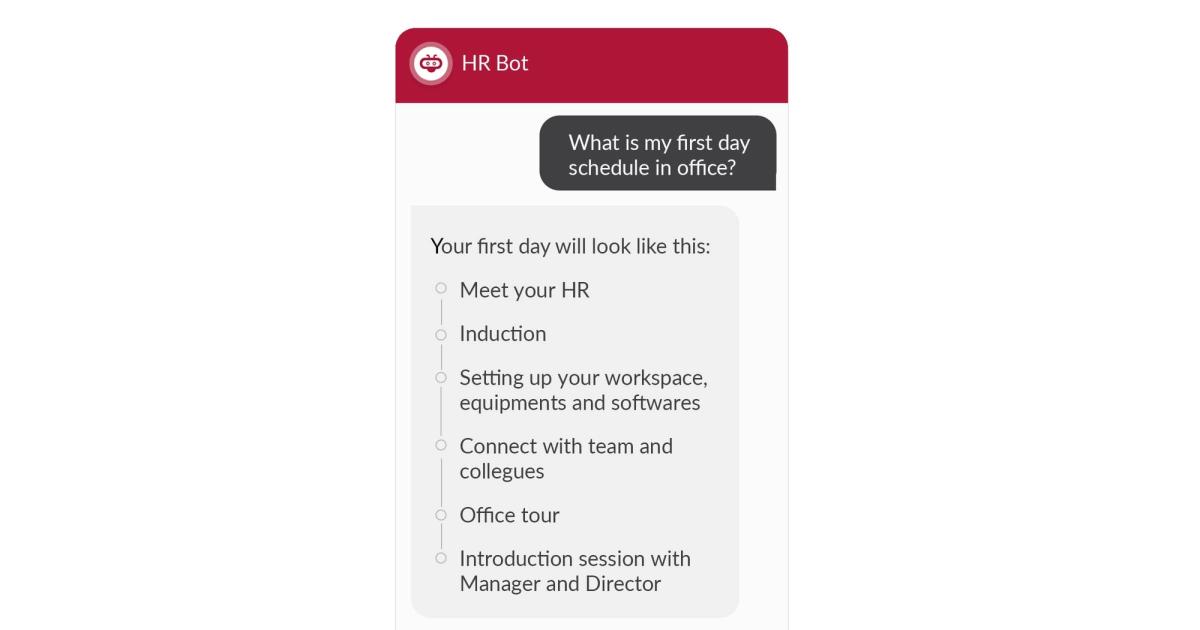 An HR Bot answering “What is my first day schedule in office?” with a checklist: meet your HR, induction, setting up your workspace, equipment and software, connect with team and colleagues, office tour, and an introduction session with Manager and Director