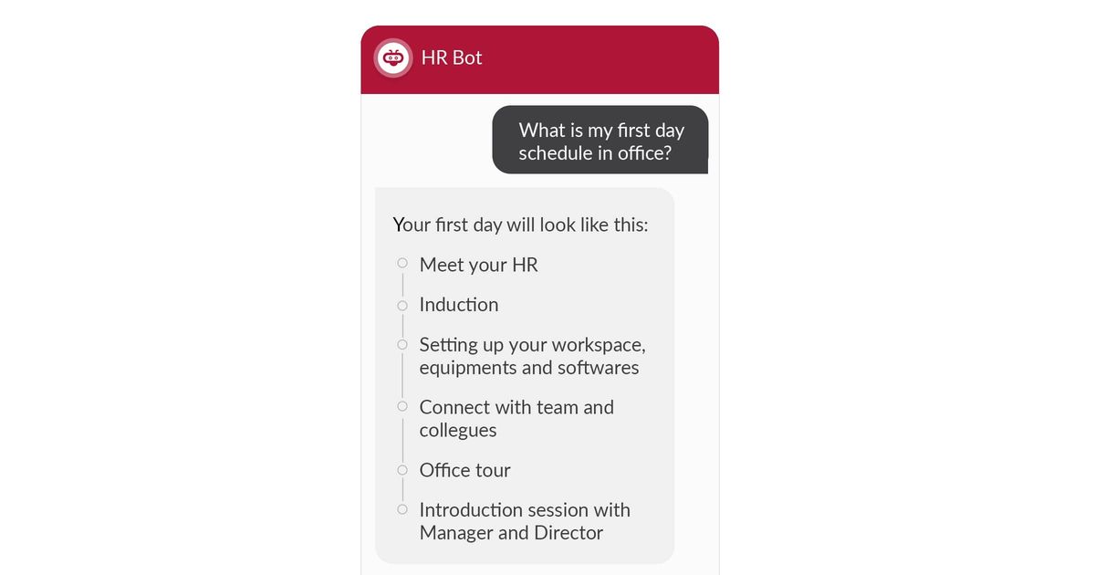 An HR Bot answering “What is my first day schedule in office?” with a checklist: meet your HR, induction, setting up your workspace, equipment and software, connect with team and colleagues, office tour, and an introduction session with Manager and Director