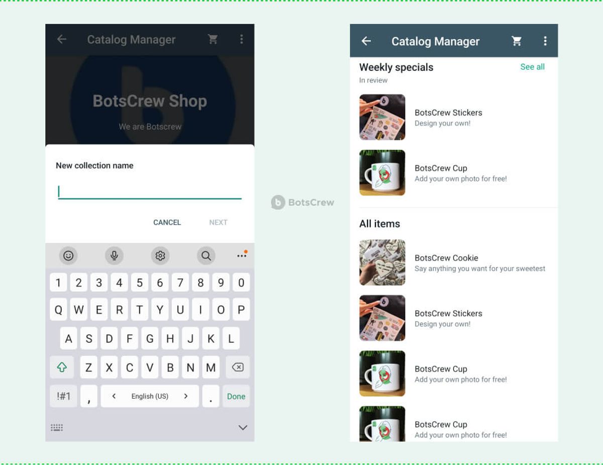Two WhatsApp Business screens: the New collection name prompt with the on-screen keyboard open, and the Catalog Manager showing a Weekly specials collection marked In review above the All items list