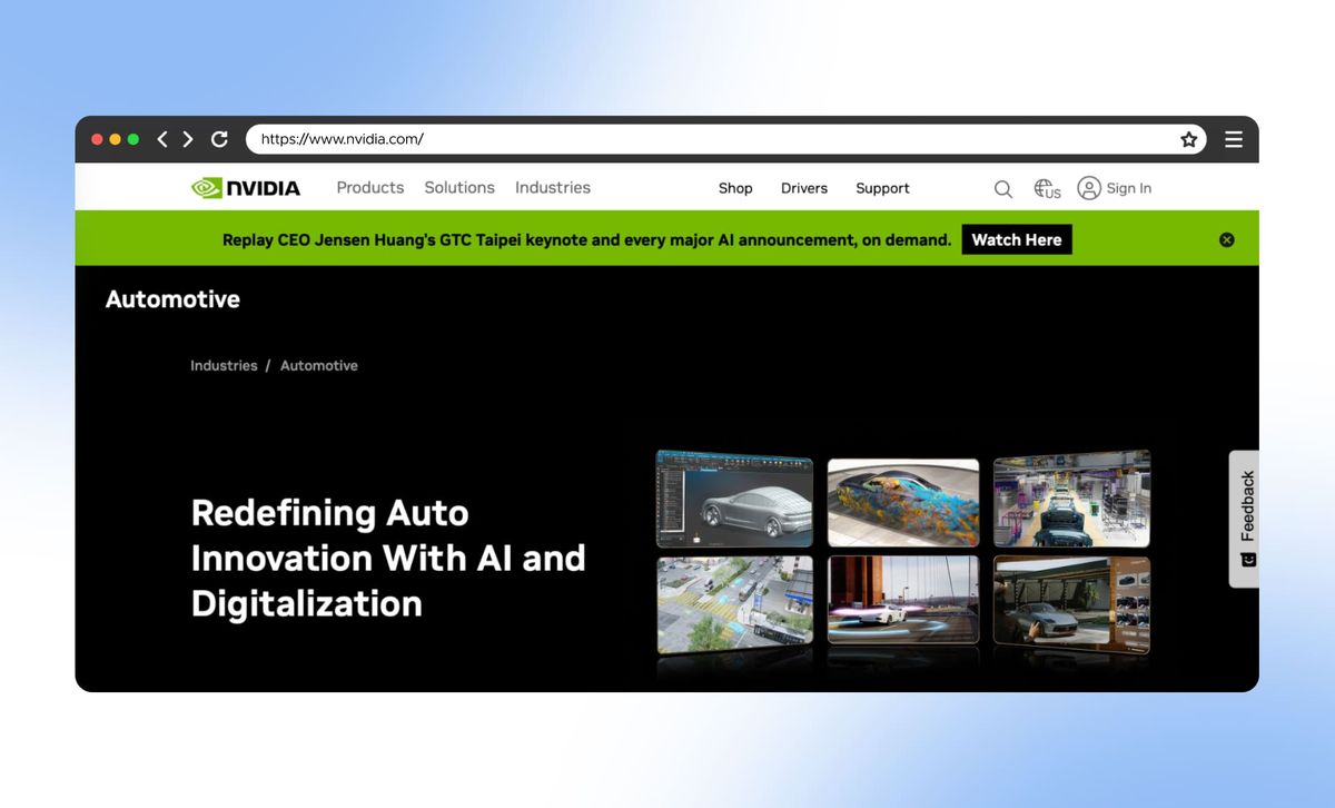 NVIDIA's Automotive industry page in a browser window, headlined "Redefining Auto Innovation With AI and Digitalization" beside a grid of simulation and autonomous-driving stills