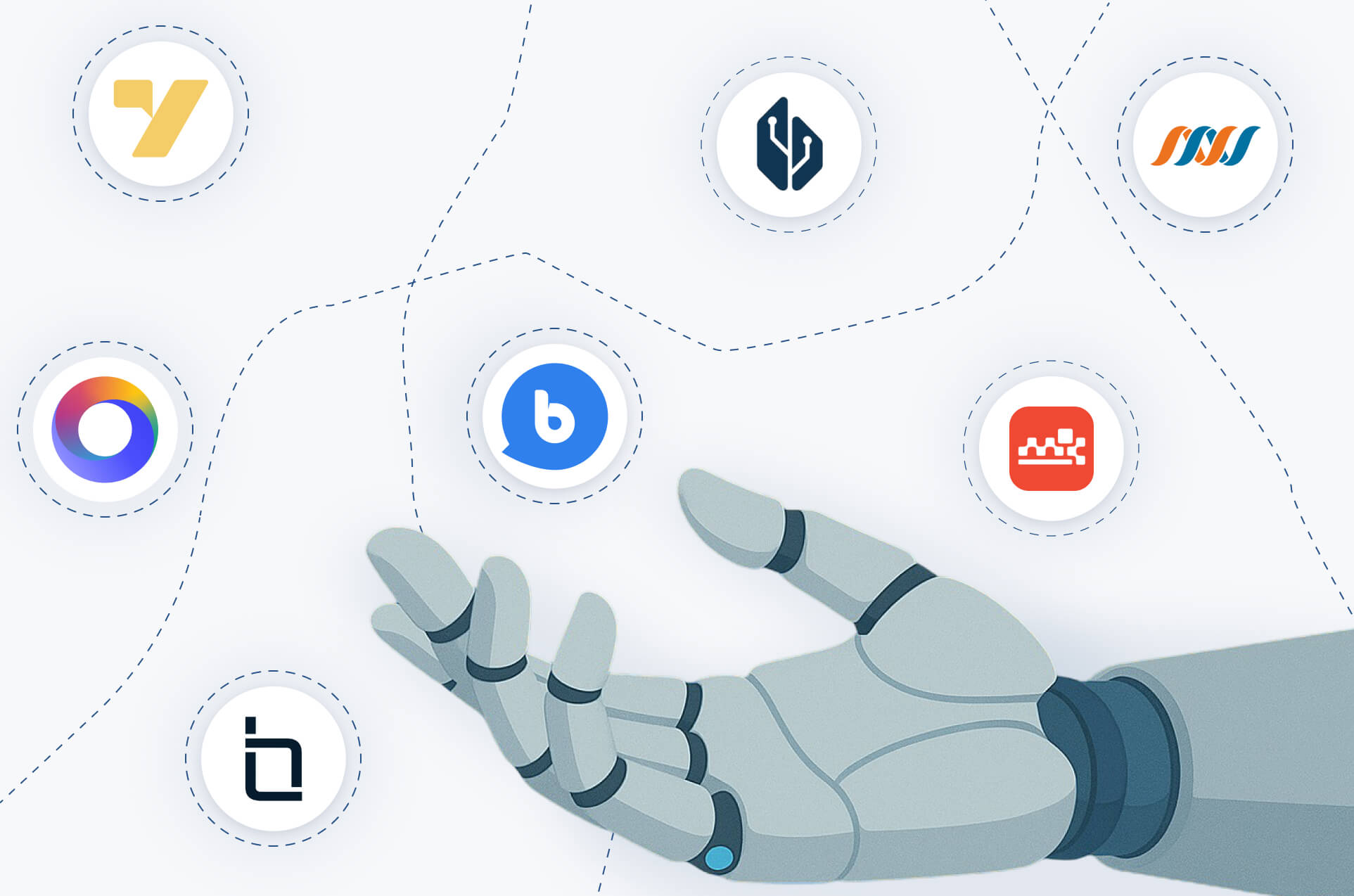 Seven AI company logos in dashed circles floating above an open robot hand, connected by dashed lines