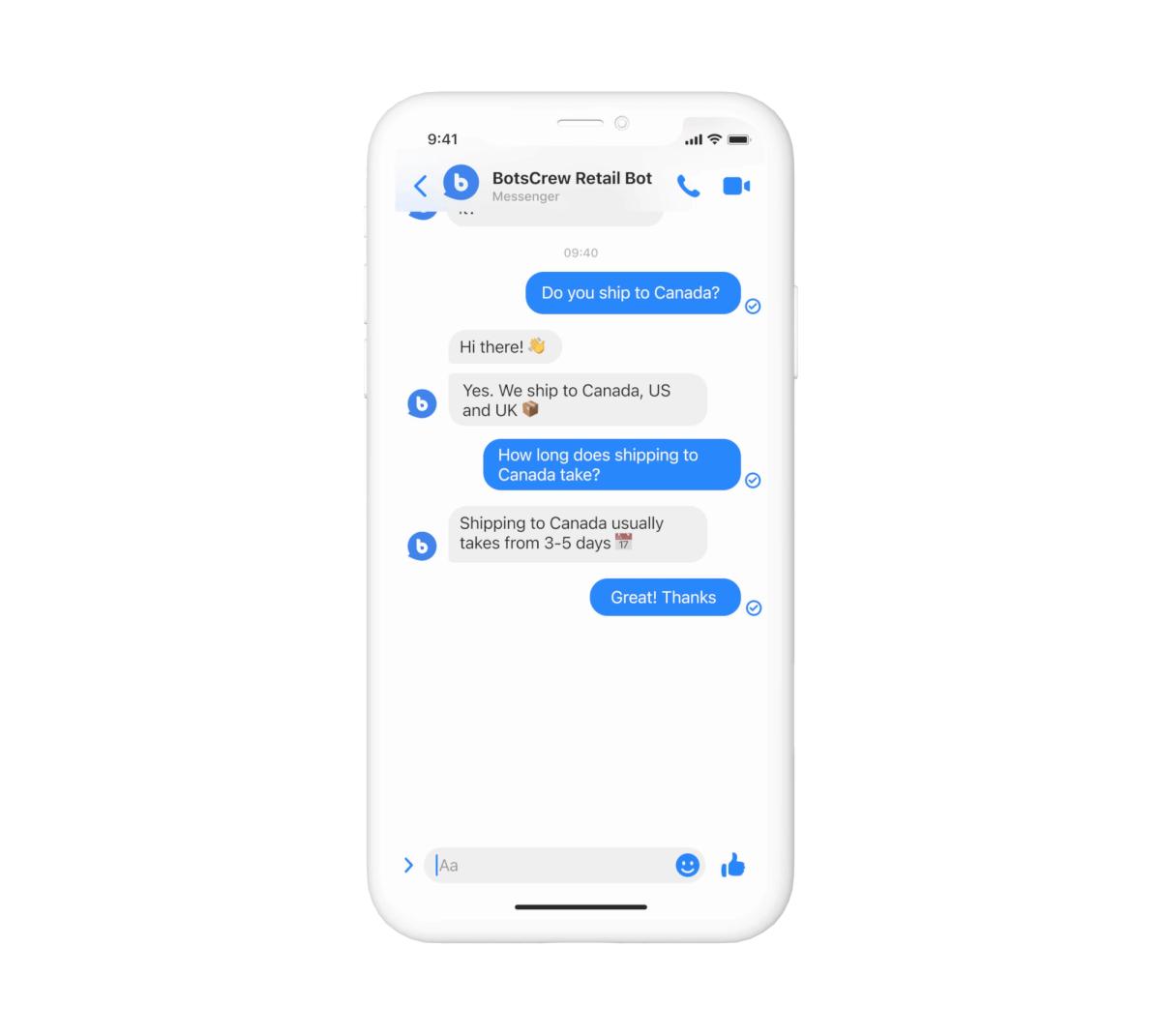 Messenger conversation with the BotsCrew Retail Bot answering shipping FAQs: it ships to Canada, the US and the UK, and delivery to Canada usually takes 3-5 days