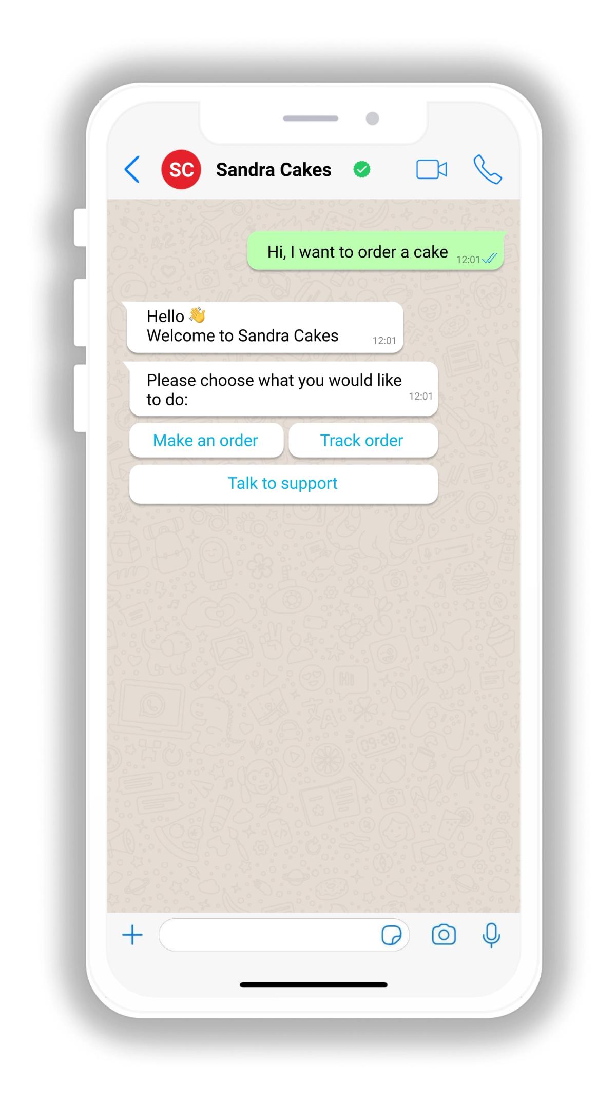 The same conversation with quick-reply buttons instead of a typed menu: Make an order, Track order and Talk to support sit as tappable buttons under the bot's message