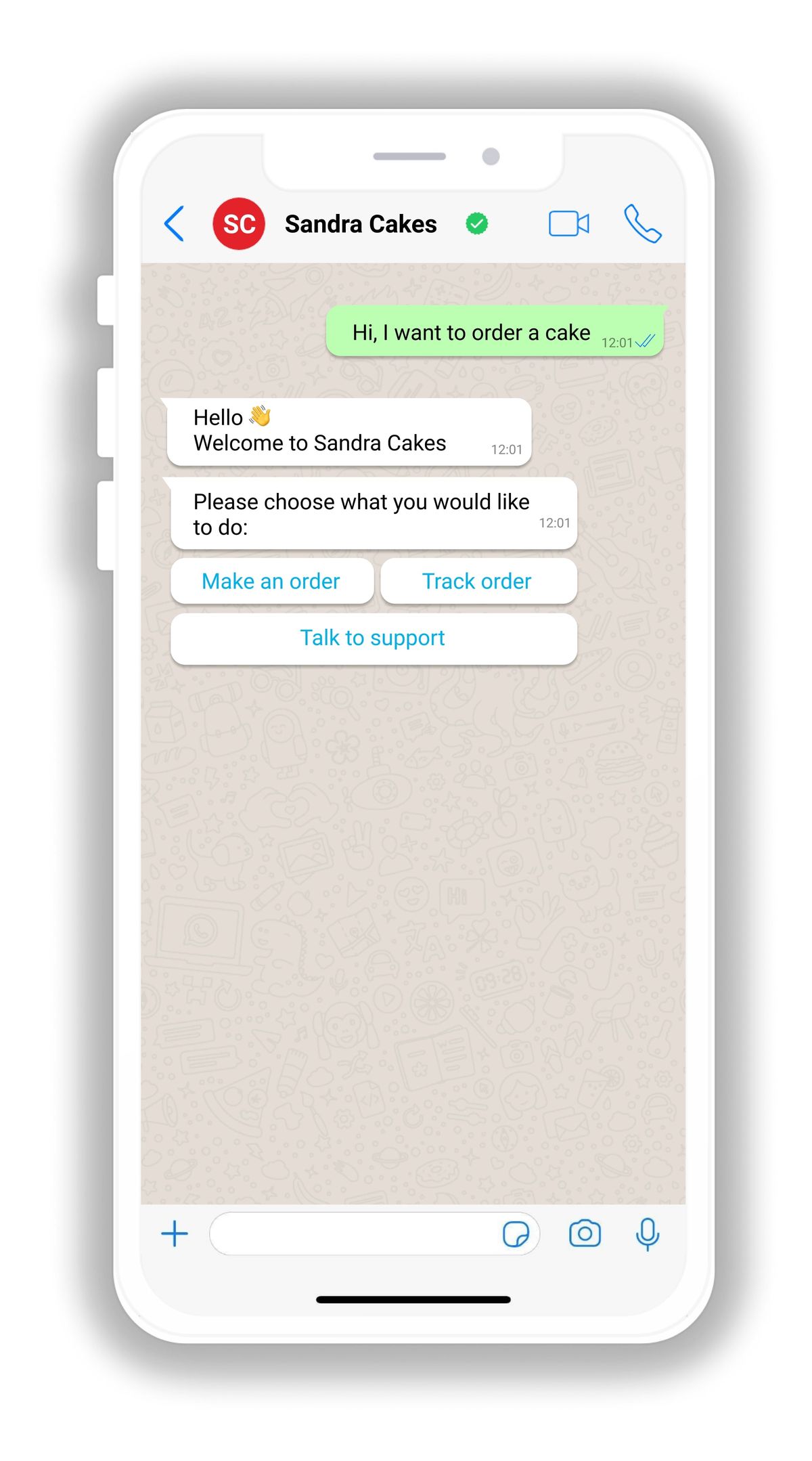 The same conversation with quick-reply buttons instead of a typed menu: Make an order, Track order and Talk to support sit as tappable buttons under the bot's message